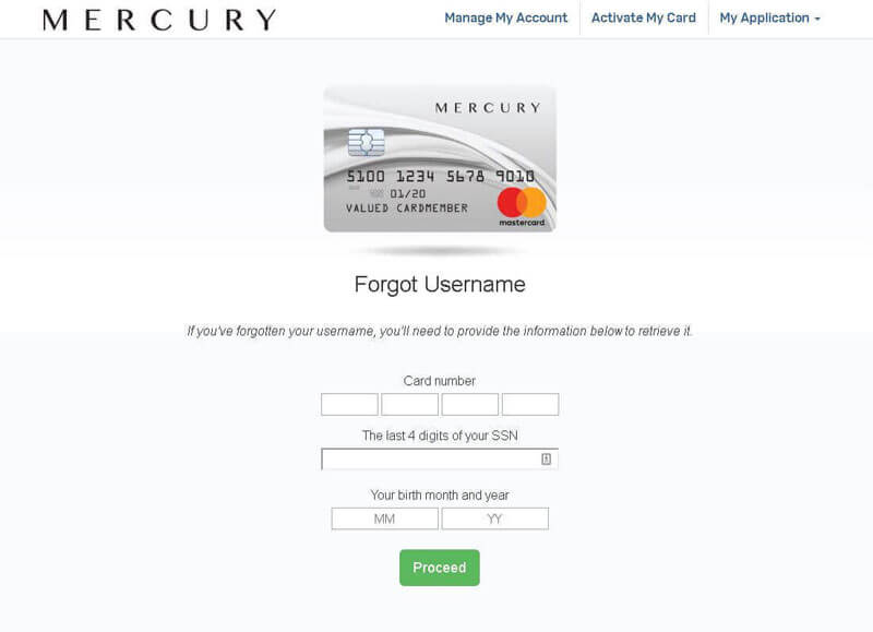 mercury credit card forgot username