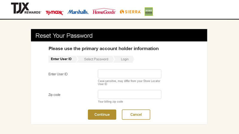 how to reset tjmaxx credit card password